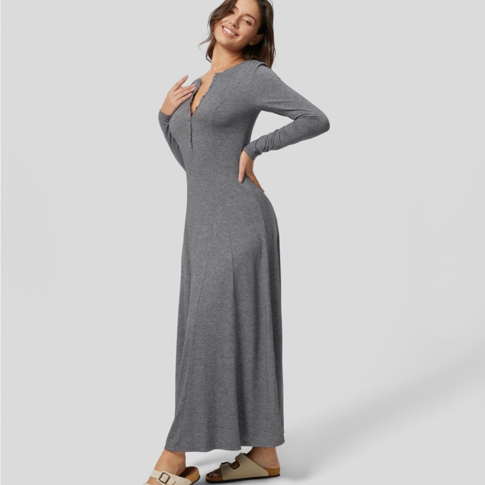 🌓Halara gray round neck button long sleeve maxi 🌗